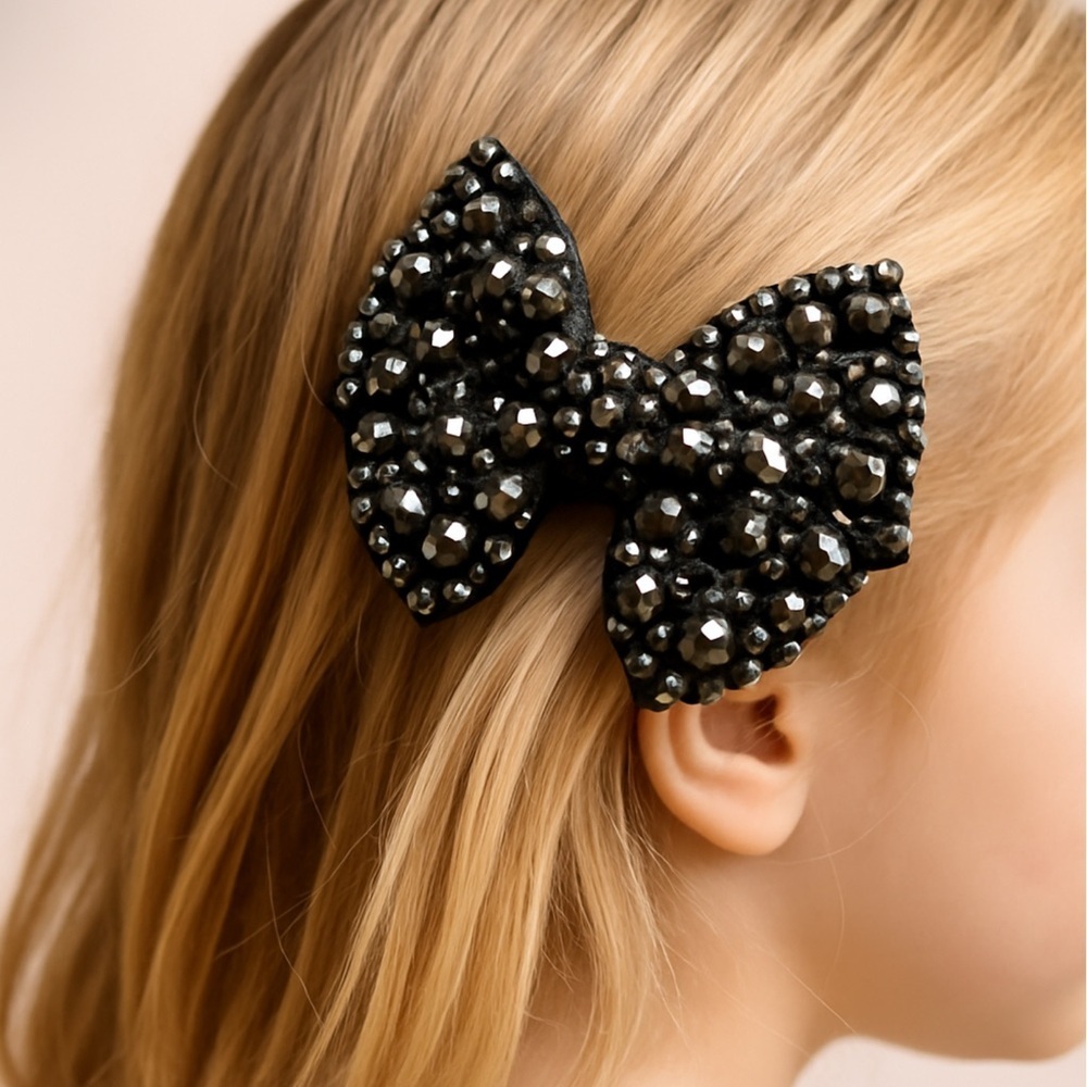Adorable Black Sparkly Rhinestone Embellished Bow Alligator Hair Clip Kidcore